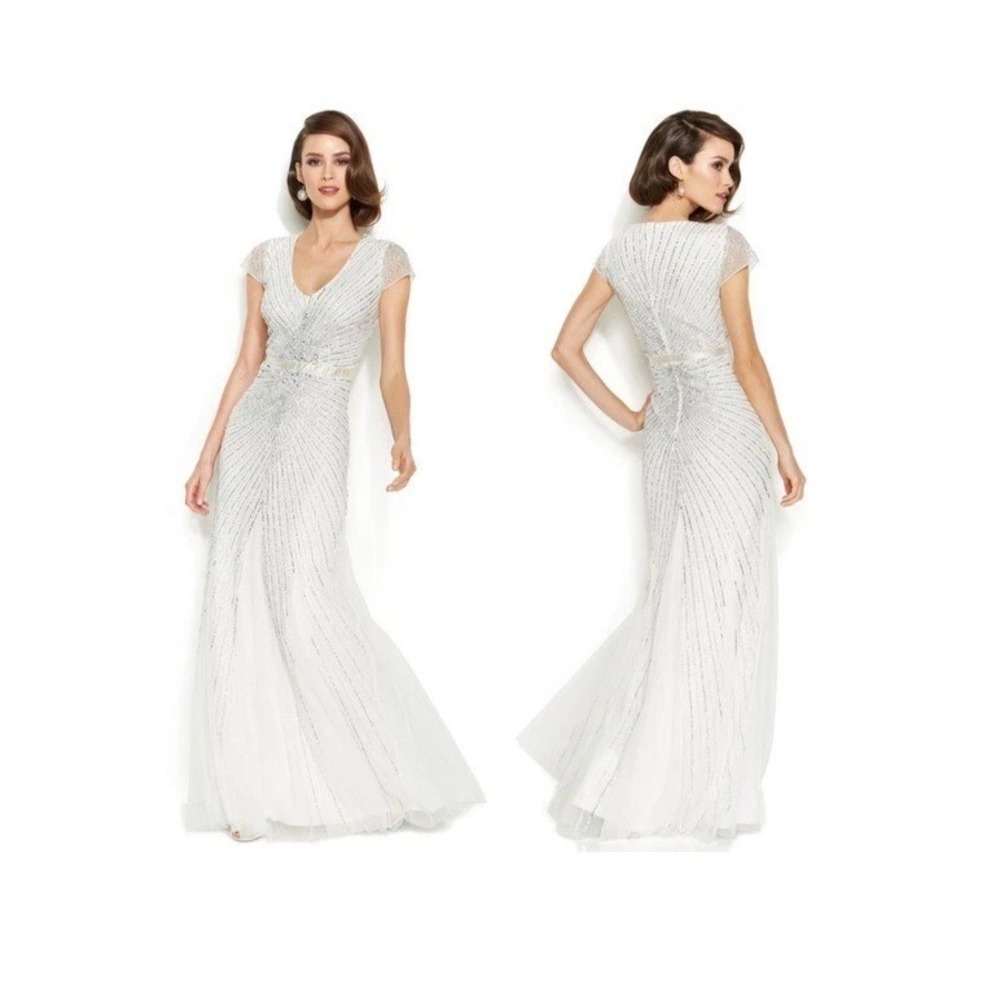 Adrianna‎ Papell Women Wedding White Embellished Sequin Sunburst Gown Dress 8